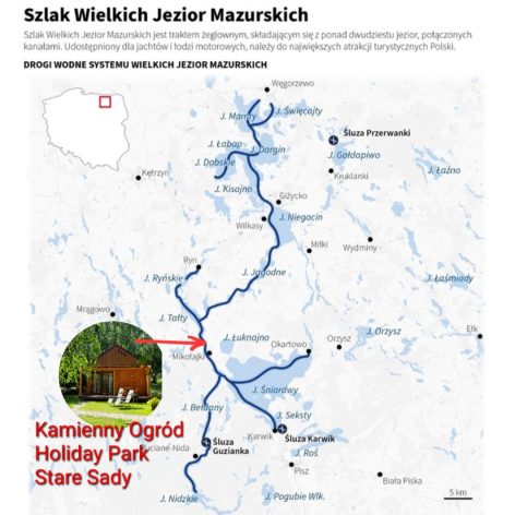 Kamienny Ogród Holiday Park to 6 komfortowych domków w prywatnym 2-hektarowym parku w Starych Sadach nad Jeziorem Tałty na Szlaku Wielkich Jezior Mazurskich, 5 km do Mikołajek