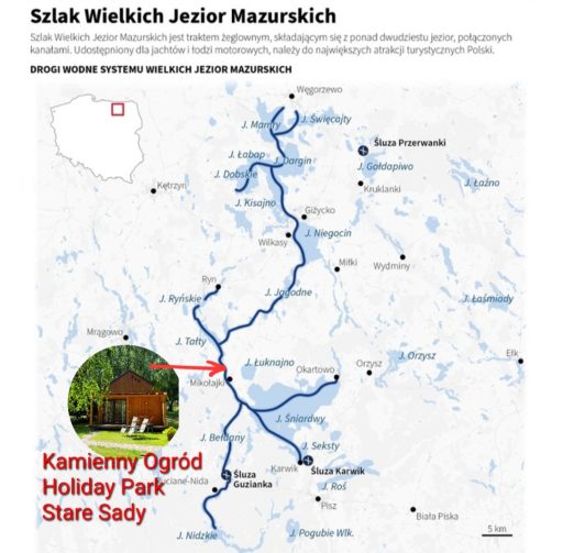 Kamienny Ogród Holiday Park to 6 komfortowych domków w prywatnym 2-hektarowym parku w Starych Sadach nad Jeziorem Tałty na Szlaku Wielkich Jezior Mazurskich, 5 km do Mikołajek